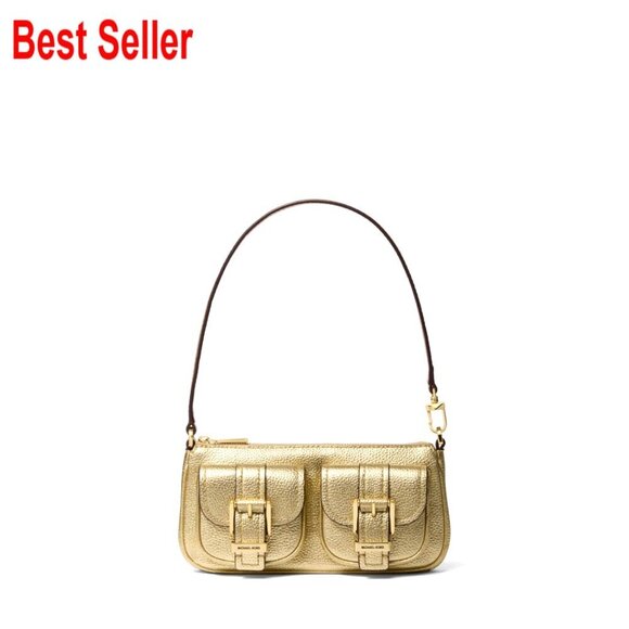 Handbags - Metallic Leather Convertible Pouchette with Shoulder Strap